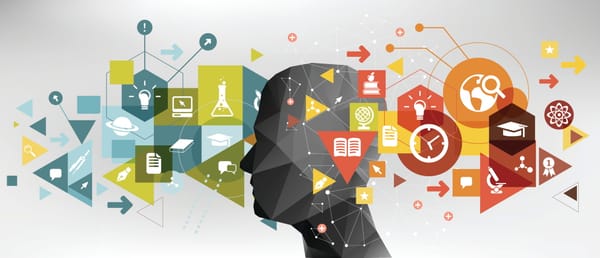 profile of a human head surrounded by many symbols