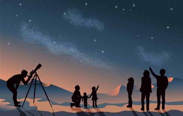 Star scene night sky with silhouette people telescope looking at space